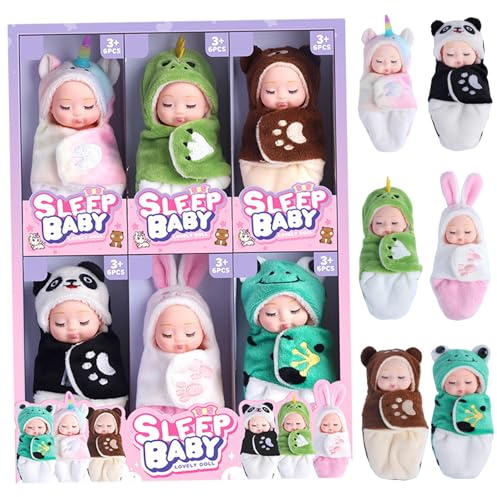 AZIDWERYQ 6 Stück Mini-Babypuppen, 10, 2 cm große Mini-Babys mit Tiermotiv und Schlafsack, lebensechte Babypuppen für Mädchen