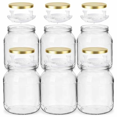 lilawelt24 6x Gärglas-Set: Einmachglas mit Metalldeckel und Beschwerer – Ideal für Fermentierung, Konservierung, Kombucha, Kimchi, Kefir und Vorratshaltung – Weithalsglas(6x Gläser+Beschwerer)