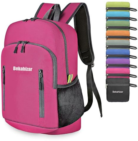Bekahizar Faltbarer Rucksack Leicht Klein Wanderrucksack 20L Reiserucksack Tagesrucksack Tasche für Männer Frauen Jugendliche Outdoor Wandern Reisen (pink)