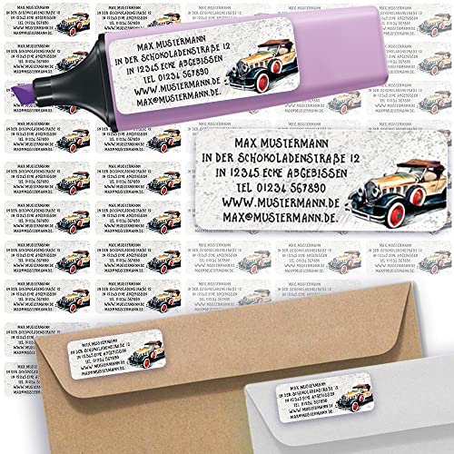 Adress-Etiketten - Adress-Aufkleber Sticker Namensaufkleber mit Ihrem Wunschtext 57x 23mm, für 1 bis 5 Zeilen Text - 45 Stück 45 Hintergründe zur Auswahl (45 Oldtimer Auto)