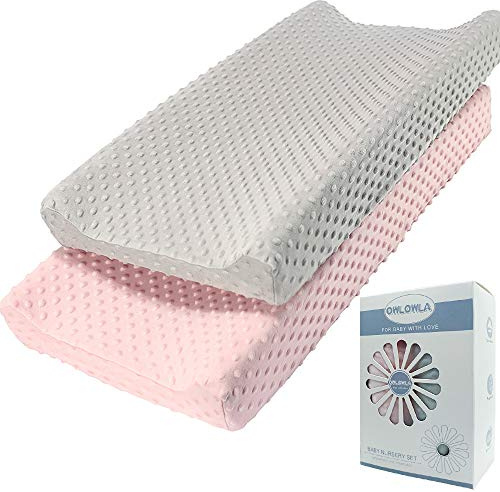 Owlowla Wickelunterlagen-Abdeckung, weiche Minky-Punkte, für Jungen und Mädchen, 2 Stück (Grau/Rosa)