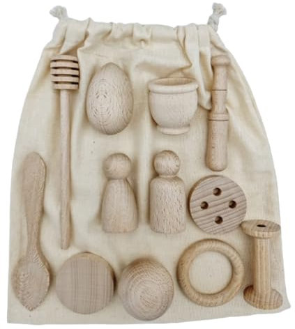 GERILEO Cesto de los Tesoros Montessori - 12 Piezas - Juego Heurístico - Juego de Accesorios Pequeños de Cocina de Madera con Bolsa de Tela - Utensilios - Cesto Sensorial (Bolsa+12 Piezas)