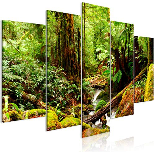 decomonkey Bilder Wald 200x100 cm 5 Teilig Leinwandbilder Bild auf Leinwand Wandbild Kunstdruck Wanddeko Wand Wohnzimmer Wanddekoration Deko Natur Wasserfall