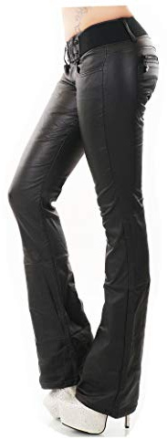 Damen Hose Wetlook Lederlook Kunstleder Optik Bootcut Jeans mit Gürtel