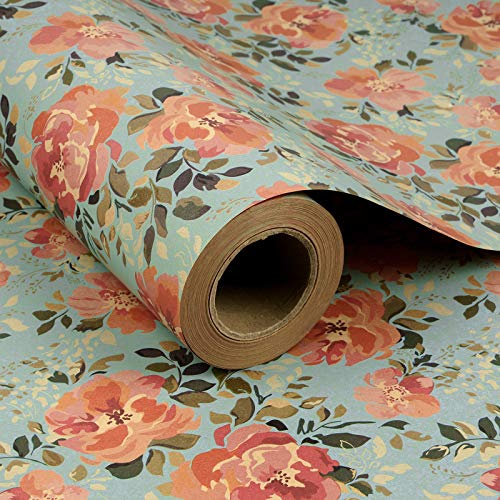 RUSPEPA Rouleau De Papier D'Emballage Kraft - Design De Fleurs Vintage Idéal Pour Le Printemps, L'Été, Les Vacances Et Les Occasions Spéciales - 61 cm X 30,5 m