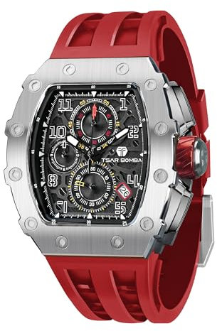 TSAR BOMBA Herren Uhr Tonneau Chronograph 50M Wasserdichter Luxus Skelett Daydate Armbanduhr Stilvolles Cool Tauchen Sport Männer Uhren Japanisches Quarzwerk Saphirglas Geschenk für Männer