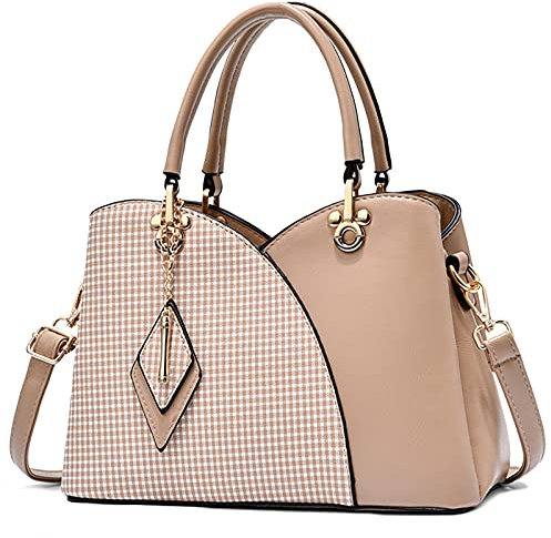 FORRICA Damen Handtasche Mode Kariertes Umhängetasche Frauen Tasche PU Leder Schultertasche mit Rhombus-Anhänger Braun