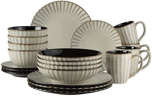 MÄSER 931963 Serie Confino Geschirr Set für 4 Personen im modernen Vintage Look, 20-teiliges Kombiservice aus Keramik in Beige mit schwarzen Akzenten, Steinzeug