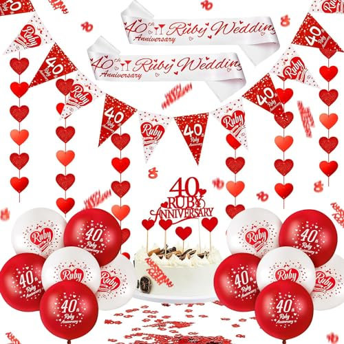 32 Pieces Ruby Wedding Anniversary Decorations 40th Wedding Anniversary Decorations Include Cake Topper, Happy 40th Balloons, Banner Confetti for Couple Party Supplies