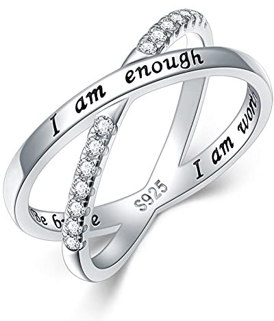 925 Sterling Silber Ring Ich bin genug Inspirations ring CZ Simulierter Criss Cross Daumenring Größe 57(18.1)