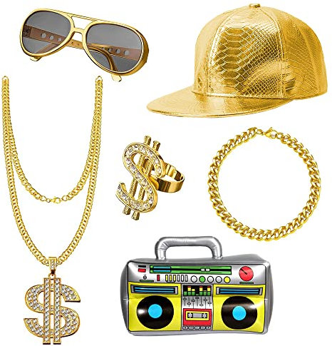 UBERMing Hip Hop Kostüm 6er Set Enthält Aufblasbare Radio Boombox Golden Baseball Cap Personalisiert Goldene Dollar Kette Brille Armband & Ring 80er 90er Jahr Rapper Zubehör für Fasching Karneval