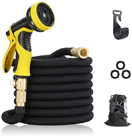 PLASTIFIC Garden Hose Pipe Expandable Lawn Garden Hose Anti-Leakage - Flexible Lightweight Easy Storage Expanding Garden Hose with 8 Function Spray Nozzle (50 FT, Black with Pouch)