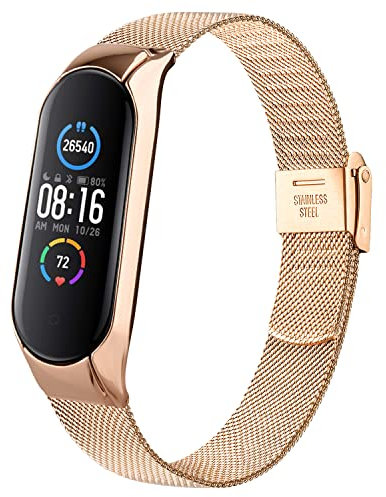 Meliya Bracelet Compatible avec Xiaomi Mi Band 6 / Mi Band 5, Acier Inoxydable en Métal, Bracelet de Remplacement Réglable pour Xiaomi Mi Band 6 / Mi Band 5, Femmes Hommes, Or Rose