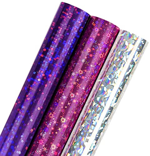Holijolly holografische Folie Verpackungspapier.Mini Rolle.Pink Dot/Lila Stern/Silber Cracked Ice Print für Geburtstag, Hochzeit Dusche, Urlaub ca.43.2 cm x 3.05 m bis 3 Rollen (42.5 sq.ft.ttl.)