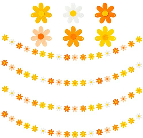 A1diee 4 Stück orange gelbe Gänseblümchen Groovy Boho Girlande Filz Künstliche Blumen Reben Banner Hippie Gänseblümchen Party Supplies Fake Girlanden Ästhetische Indoor Outdoor Deko für Babyparty