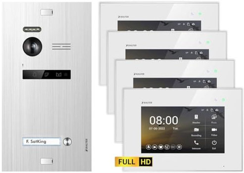 Balter EVO HD Silber/Weiß Video Türsprechanlage Set für 1 Familienhaus (1x Türstation mit Full HD-Kamera, 4X Touchscreen 7 Zoll Monitor, 2-Draht Bus, 175° Weitwinkel, Türöffner)