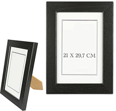 Cadre Photo Noir 21x29.7cm A4 en Bois MDF avec Panneau en Verre, Cadre Photo Bois Noir pour Table et Mur
