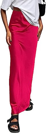 Vrtige Elegante gonna lunga da donna in raso setoso a vita alta con cerniera fluida una linea maxi, Rosa, L