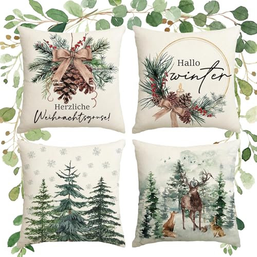 HIQE-FL 4er Set Kissenbezug Weihnachten,Leinen Kissenhülle,Sofa Kissenbezug,Outdoor Kissenbezug,Kissenbezug Dekorative Kissenhülle,für Sofa Bed Auto Büro Cafe Garten Room(45x45cm)