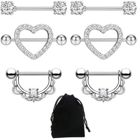 KVBUCC 3 pairs of nipple rings with 1 velvet bag, lace, heart-shaped, halo stone, nipple piercing jewelry, piercing jewelry, stainless steel nipple stick (silver)