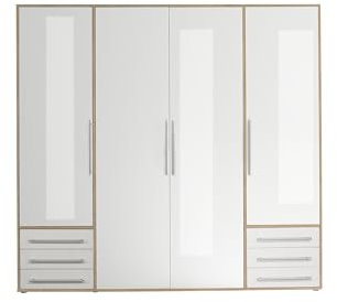 Stella Trading LYSS Kleiderschrank weiß Hochglanz mit Schubladen - Vielseitiger Schlafzimmerschrank 4-türig in Weiß Hochglanz, Eiche Sonoma Nachbildung - 206x 194 x 58 cm (B/H/T)