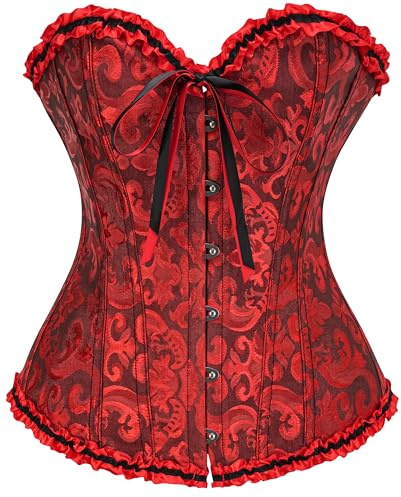 Vrapo Black and Red Corset Top for Women | Overbust Lace Up Waist Cincher Shapewear Lingerie - Size XS