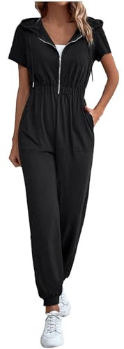 RMBLYfeiye Playsuit Damen Sommer Overall Schwarz Jumpsuit Herren Lustig V-Ausschnitt Einfarbiges Lang Kurzarm Mit Reißverschluss Onesie