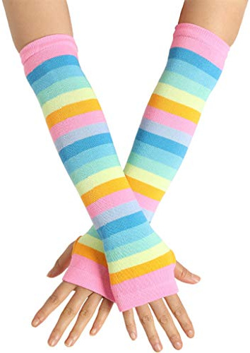 MONOJLY Women Girl Knitted Over Elbow Long Arm Warmers US Rainbow Stripes Patchwork Party Fingerless Gloves with Thumb Hole