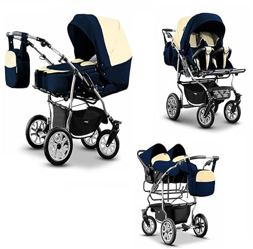 Elcar Zwillingskinderwagen 4-in-1 City Twin inkl. Autositzen - 15 Teile - in Creme-Navy