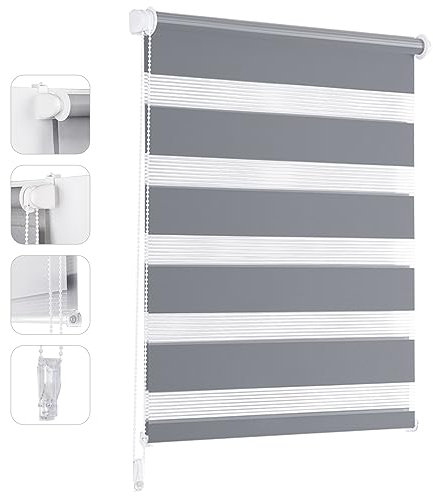Sekey Doppelrollo Klemmfix ohne Bohren für Fenster, Doppelrollo 80 cm breit, Duo Rollo Jalousie Sonnenschutz, 80x200cm, Grau