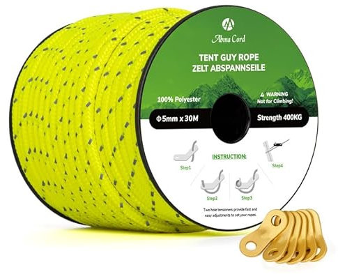 Abma Cord Abspannseile Zeltschnur mit 6 Stück Seilspanner 5mm 30M Zeltseil für Camping, Zelte, Sonnensegel, Vorzelt - Reflektierende Neon Gelb