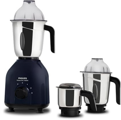 Philips HL7713/01 Mixer Grinder, 1000W PowerPro Motor, 3 Jars (Azure Blue), Edged blade made of superior SS304 material, Quick cool ventilation for longer motor life
