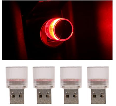 CGEAMDY 4 Stück Mini USB LED Licht Autozubehör, USB Freie Installation Auto Umgebungslicht, Freie Installation Auto-Ambiente-Licht Autozubehör für Autos SUVs LKWs(Rot)