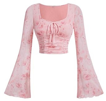 GORGLITTER Damen Batik Crop Top Bauchfrei Oberteile Langarm T-Shirt Mesh Langarmshirt mit Ausgestellter Ärmel Rosa M