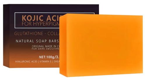 Kojisäure-Seife für Gesicht und Körper, Vitamin C Seifenstück Hyperpigmentierung, feuchtigkeitsspendende Kurkuma-Seife gegen Akne, schwarze Flecken, Mitesser mit Netz-Seifenbeutel (1 Stück)