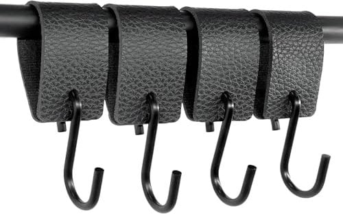 Yuaiosn 4 Stück S Haken Schwarz mit Lederschlaufe, Haken für Kleiderstange, Kleiderhaken mit Lederschlaufe,Metall-S-förmige Haken zum Aufhängen, Kinderwagen-Haken für Mantel, Lenker-Haken für Mantel