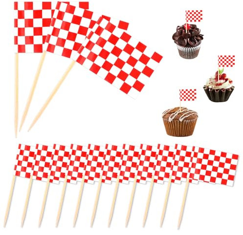 96 Pack Checkered Red and White Racing Toothpick Flag Race Car Small Toothpick Mini Stick Cupcake Toppers Fruit Cupcakes Toppers Food Stick Flags Decorations for Party Bar Sport Events