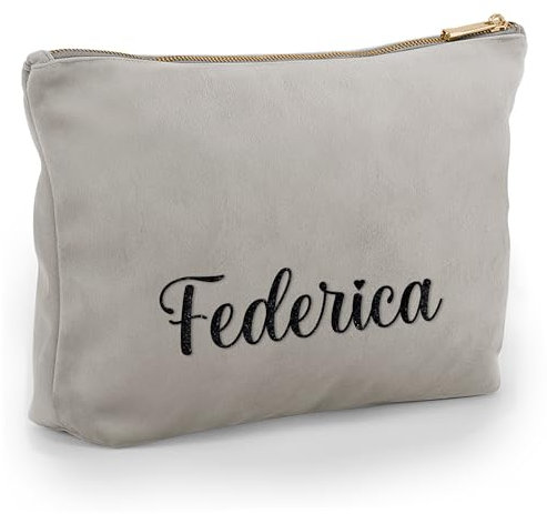 Caribu design Pochette in Velluto Personalizzata con Nome Iniziali Testo - Borsa per Trucchi, Cosmetica, da Viaggio, con Cerniera - Idea Regalo Personalizzata per Lei Donna (Grigio, Grande)