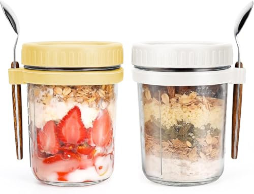 Gilen Overnight Oats Jars with Lids and Spoon, Overnight Oats Container, 10 Oz Glass Porridge Container to Go for Chia, Pudding, Milk, Cereal, Fruit, Yogurt, Salad, Cereal Meal Prep Jars(Yellow+white)