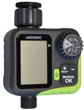 Jardibric - Programador de riego digital con caudalímetro, caudal de 1320 L/h, presión 0,5 a 8 bar, frecuencia 12h a 7 días, duración 1 min a 4 H, seguimiento del flujo de agua (1 a 9999 L)
