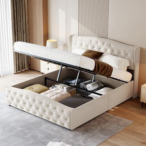 Fofetbfo Polsterbett 160x200, Doppelbett mit Bettkasten, Bubble Bett Jugendbett mit Lattenrost und Gepolstertes Kopfteil, Flachbett Gästebett, Leinen Beige,ohne Matratze (Beige A, 140x200 cm)