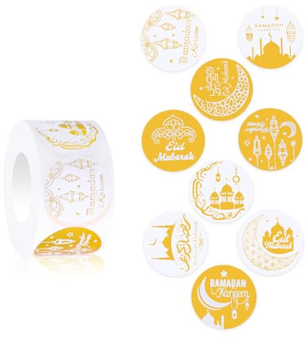 500stk Goldfolie Ramadan-Aufkleber, 2,5cm Eid Mubarak-Aufkleberrolle 9 Muster Ramadan-Etiketten für Geschenkanhänger Grußkarten Umschläge Muslimische Partydekorationen