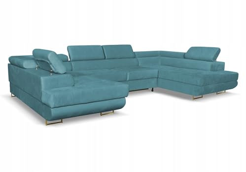 Family Meble Ecksofa, Modell Bosso Big, Schlaffunktion, Freistehendes, Ausklappbares, Behälter für Bettwäsche, Strapazierfähiges Material, Schmutzabweisend, für Wohnzimmer, Schlafzimmer, Hellblau