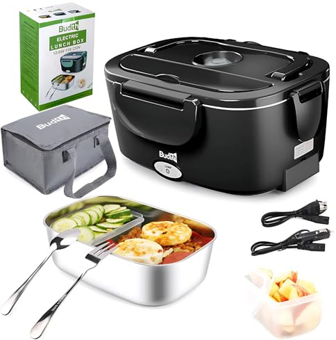 Budth 80W Electric Lunch Box, Portable Food Warmer for Car Truck Office, 12V 24V 220V Adapter, Leak Proof, 304 Stainless Steel Container, SS Fork & Spoon and Carry Bag
