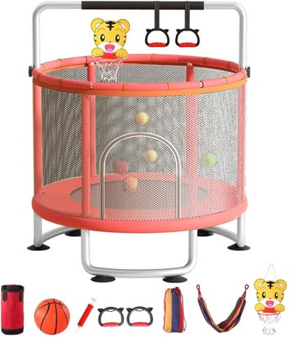 Kids Trampolin mit Basketball-Hoop und Gehege NET-Verstellbare Gymnastikstange, Schwung, Sandsack für 3 bis 8 Jahre (Innen-/Außenanlage, 440 Pfund Kapazität) Rosa