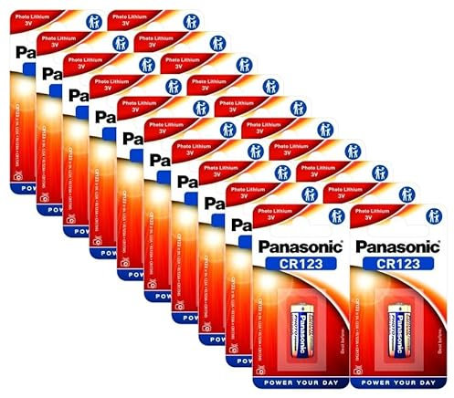 Panasonic CR123, 20 pezzi, batteria al litio cilindrica per dispositivi leggeri con elevato fabbisogno energetico come rilevatori di fumo, sistemi di allarme, proiettori, telecamere, 3V, (2 x 10pz)