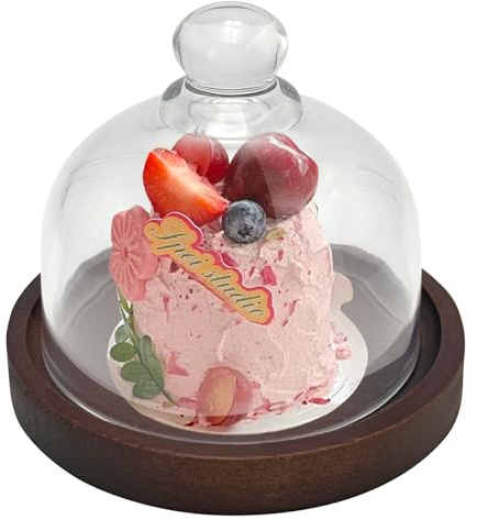 HYSHLC 4.13Inch Mini Wooden Cake Stand, Glass Butter Dish Display Cloche with Glass Dome Lid and Acacia Base, Kitchen, Party, Wedding Serving Tray for Cakes, Macarons, Cheese, Fruits