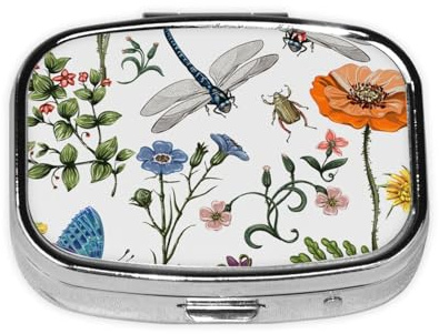 Summer Pattern Botanical Plants Insects Flowers in Vintage Style,Meta Pill Box 2 Compartment Medicine Case,Portable Organizer