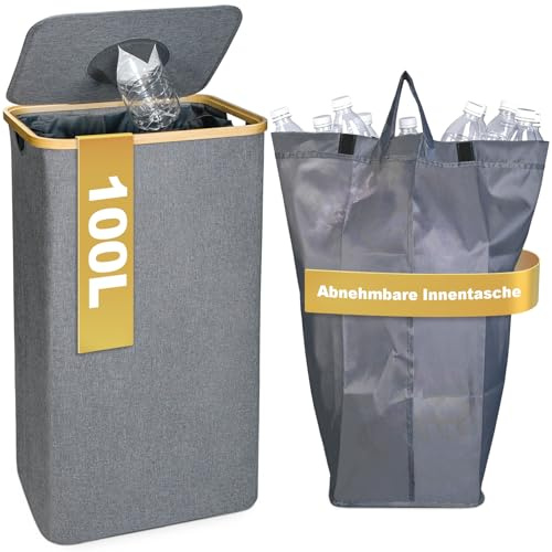 PeranoRidia 100L Pfandflaschen Sammelbehälter [INKL. TRAGETASCHE], Flaschensammler Leergut, PET Flaschen Pfandbehälter, Pfandsammler Organizer and Altglas Aufbewahrung mit Einwurf, Grau