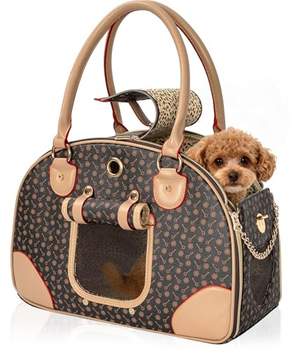 FREEAMG Dog Purse Carrier, water-resistant PU Leather Pet Travel Bag, Foldable Dog Purse Cat Tote Bag, for Cat and Small Dog Home & Outdoor, Hiking Travel(Brown)